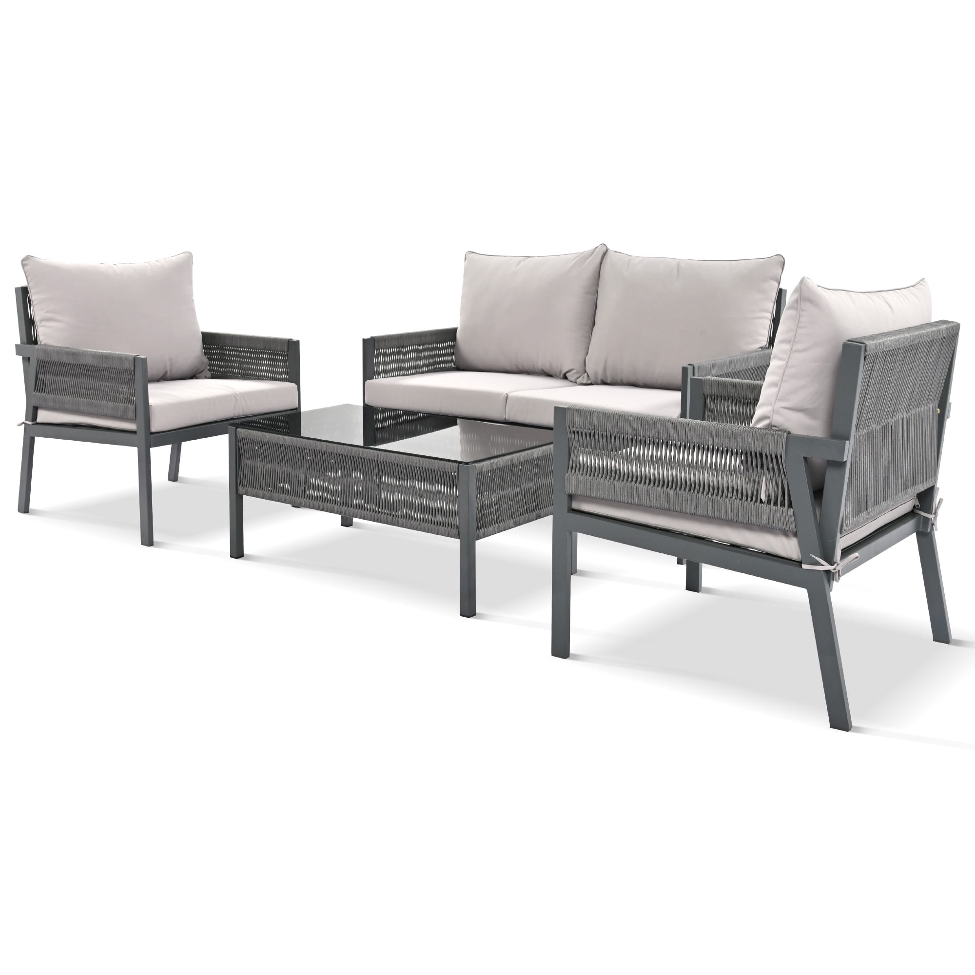 Aimee Lii 4-Pieces Patio Furniture Set, Patio Conversation Set with Tempered Glass Table and Thick Cushion, Outdoor Furniture for Backyard Porch Balcony, Gray