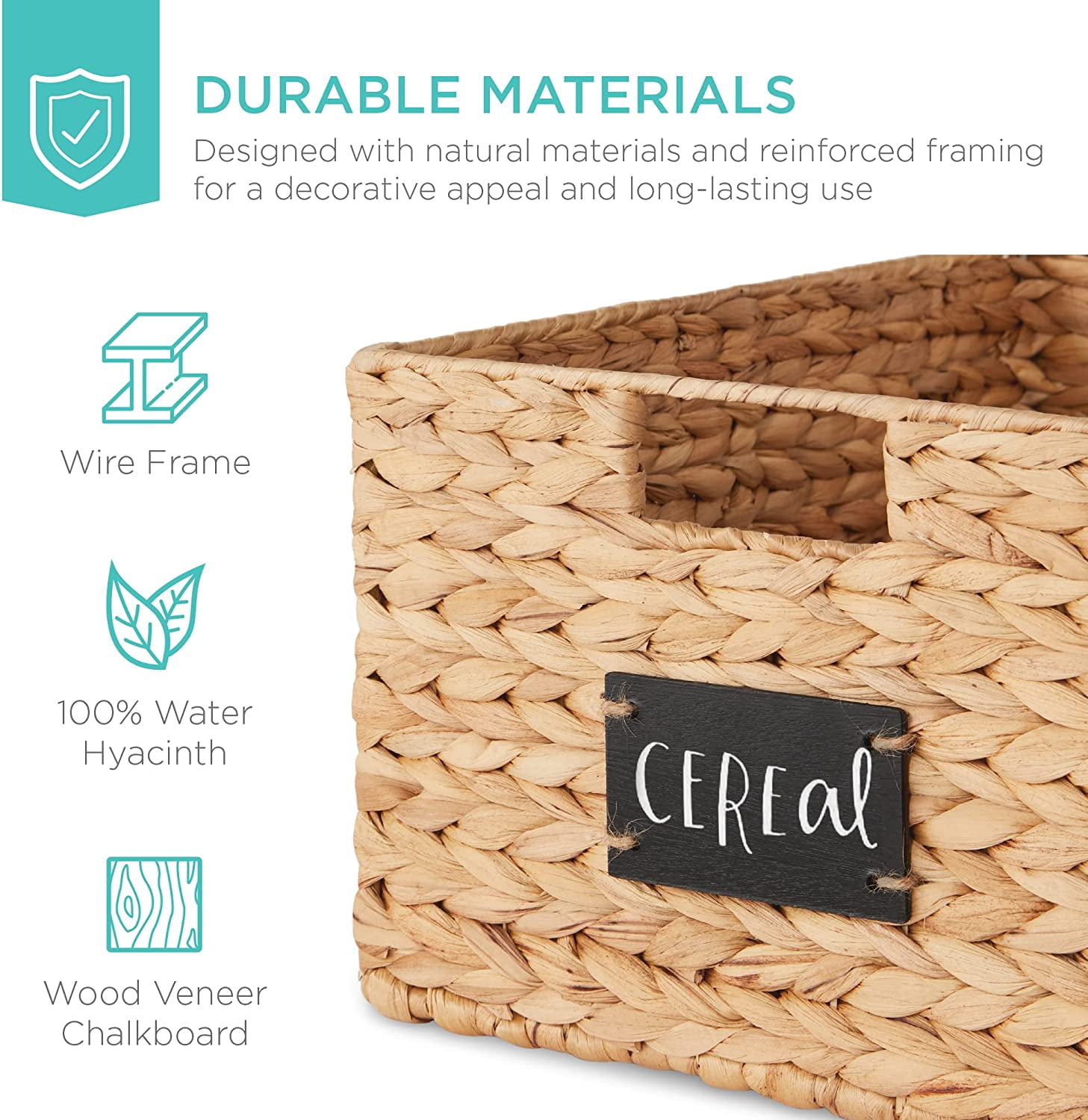 Pantry Baskets Set of 2 16x12in Water Hyacinth Storage Baskets, Woven Wicker Kitchen Organizers with handles w/Chalkboard Label Chalk Marker - Natural