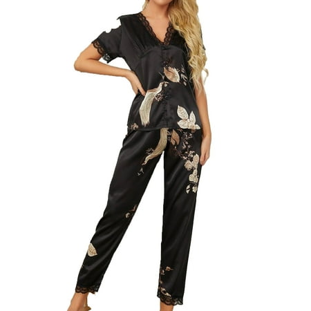 

V neck Elegant Floral Pant Sets Black Short Sleeve Women Pajama Sets