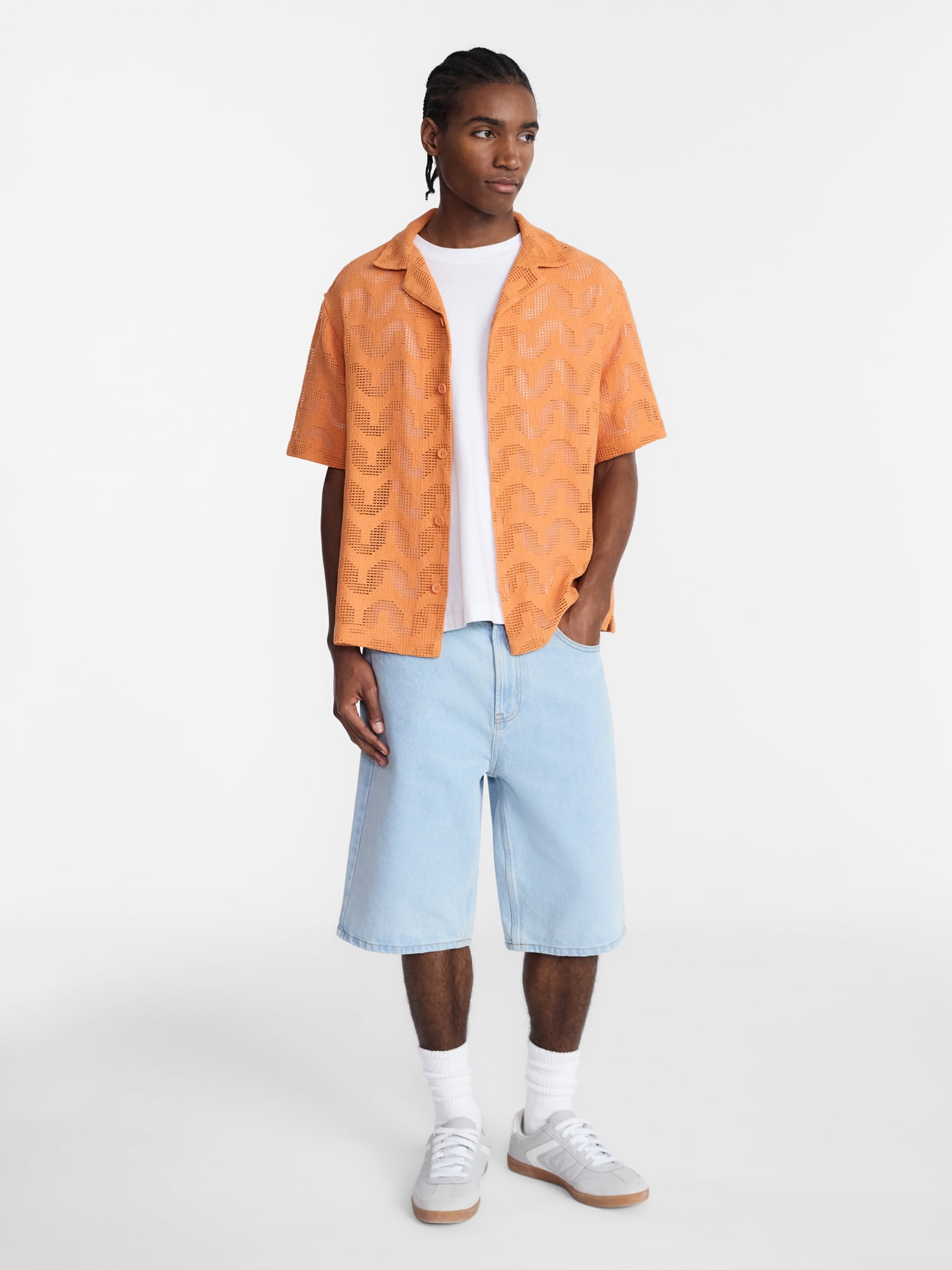 No Boundaries Textured Wave Design Resort Shirt with Short Sleeves, Men's XS-4XLT