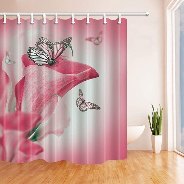 ABPHQTO Primavera Floral Flor Decoración Mariposa Volando sobre Capullos Brillantes Callas Cortina de Baño de Tela de Poliéster, Cortina de Ducha de Baño 160x180 cm