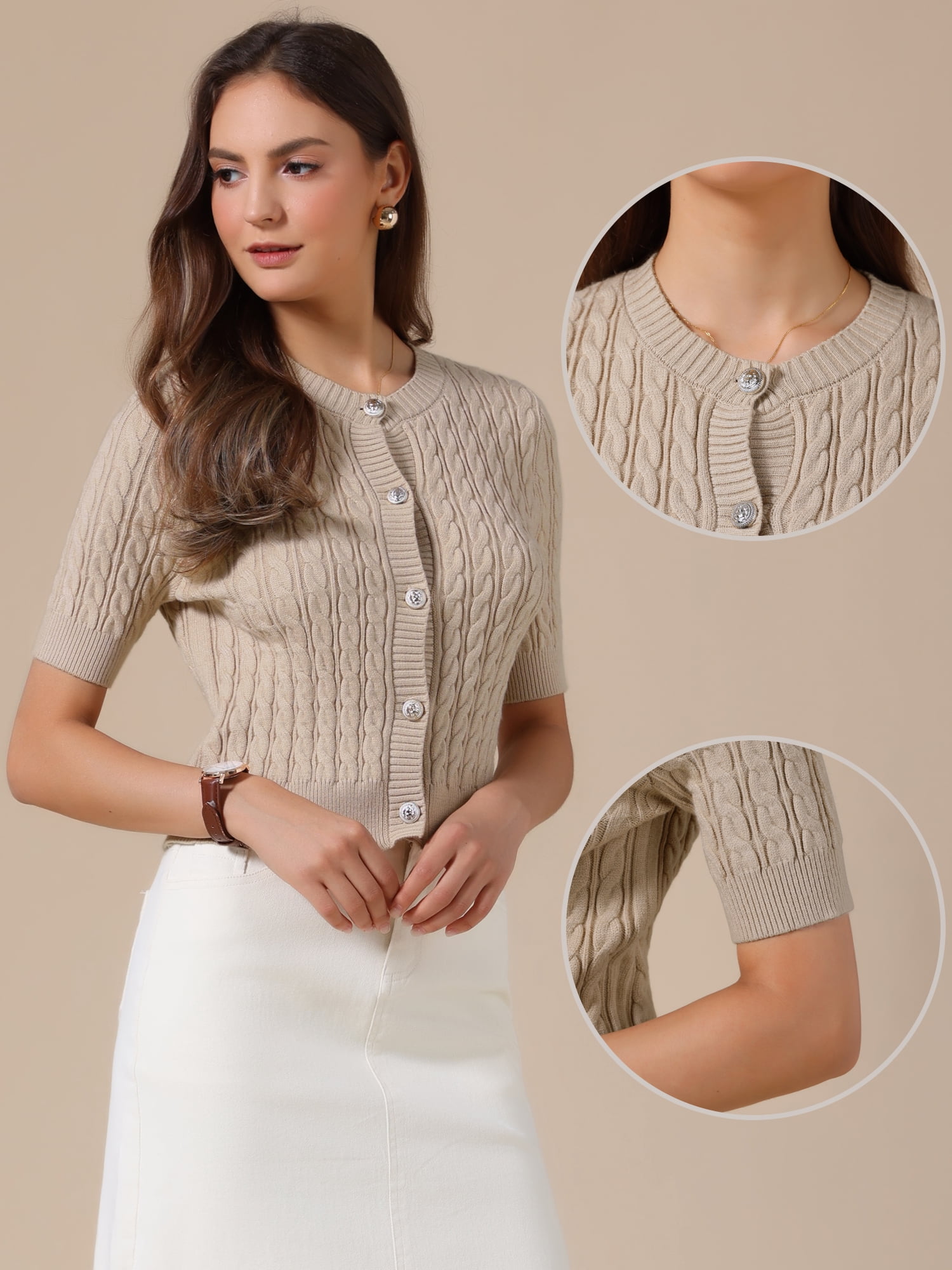 DARING DIVA Women's Short Sleeve Button Down Cable Knit Dressy Sweater XL Khaki