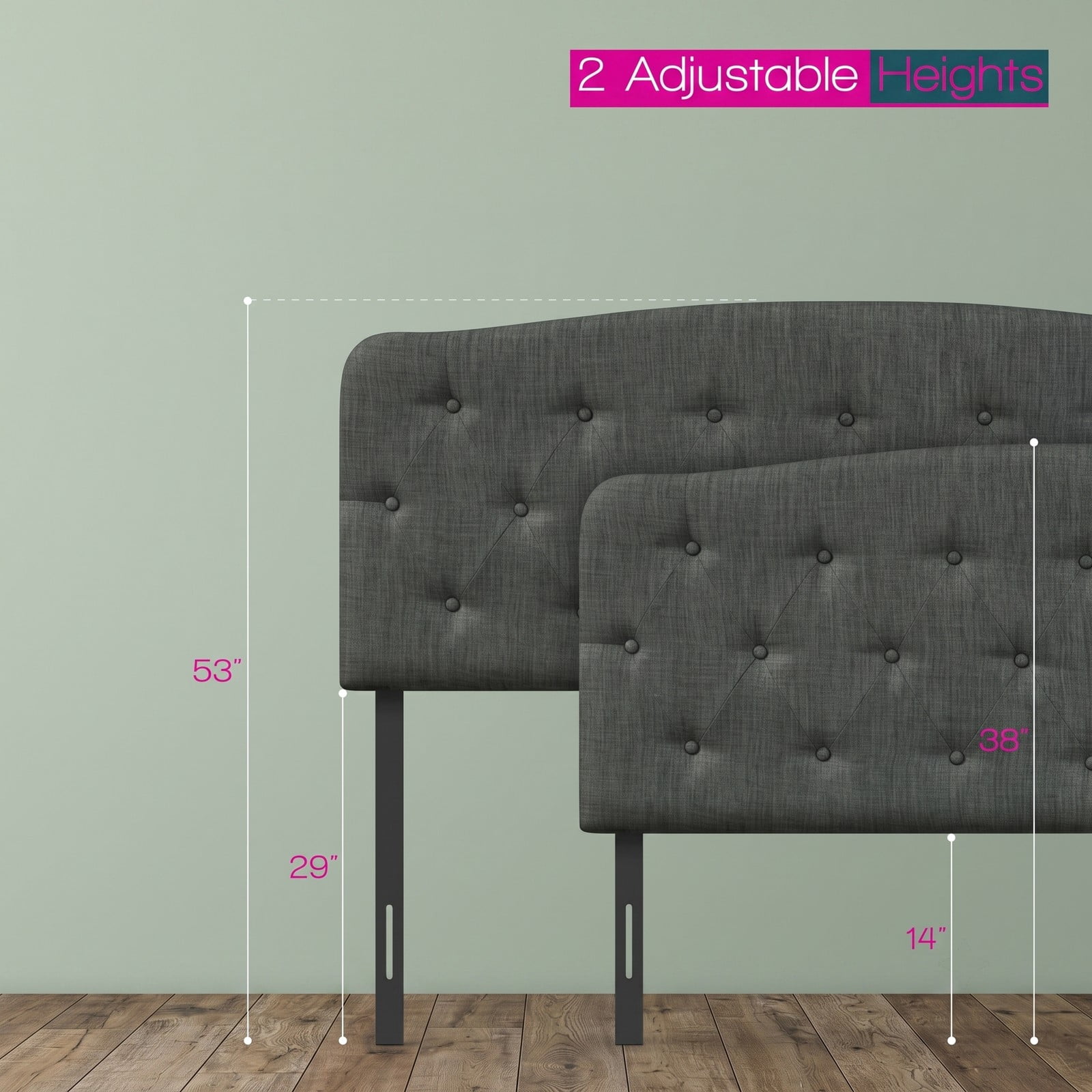 Furnibear Faux Linen Upholstered Full Size Headboard with Diamond Button Tufting and 2 Adjustable Heights for Bedroom and Guest Room, Dark Gray