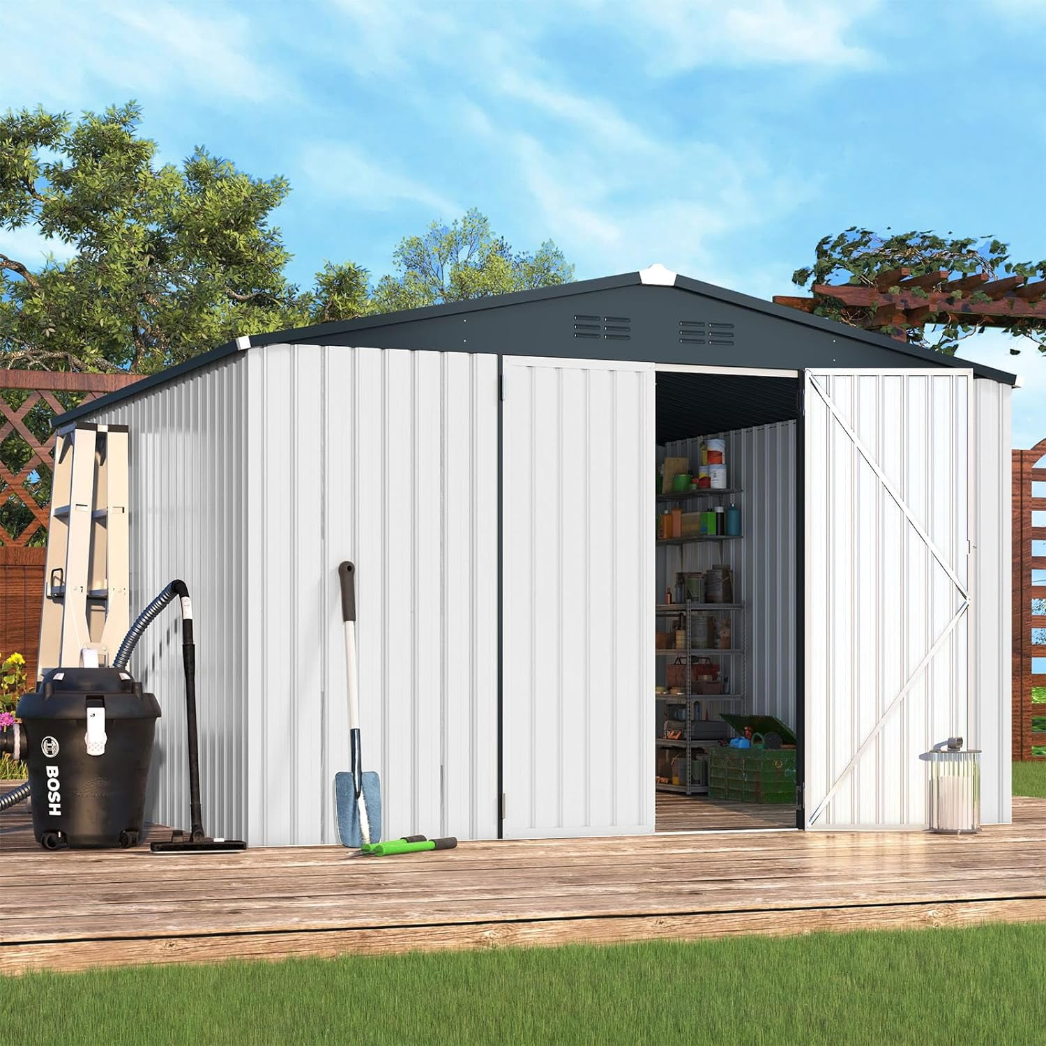 AECOJOY 10' x 10' Outdoor Storage Shed with Lockable Door Patio Metal Garden Storage Building in White for Outside