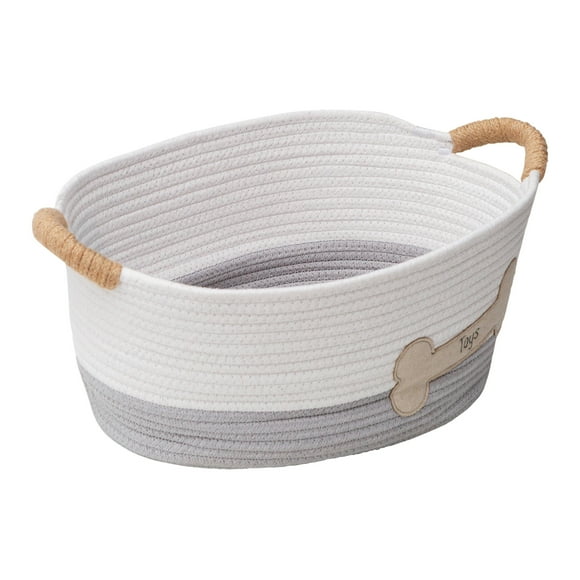 Zenna Home Coiled Rope Oval Storage Basket with Dog Bone Decorative Patch, Pet Themed Basket, White and Grey