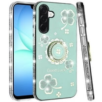 XPM for Samsung Galaxy S25 Fan Edition /Galaxy S25 FE Diamonds Bling All Around Edges Sparkly Glitter Hybrid with Ring Stand Holder Fashion Good Luck Phone Case Cover (Teal)