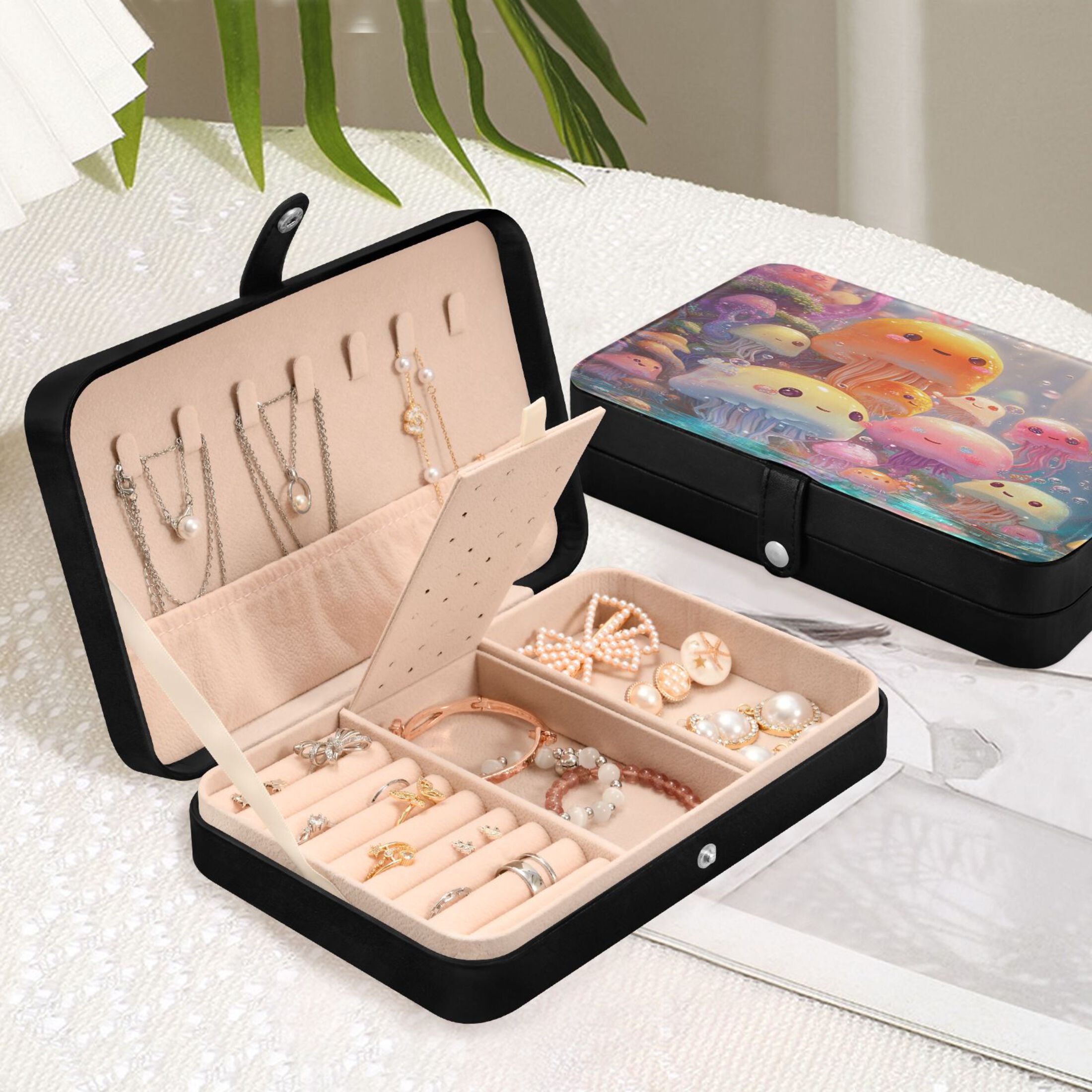 Leather Jewelry Box Rectangular 8.27x5.5x1.78In Travel Jewelry Storage Earrings Necklace Bracelet Watch Brooch Storage Lovely Cartoon Jellyfish