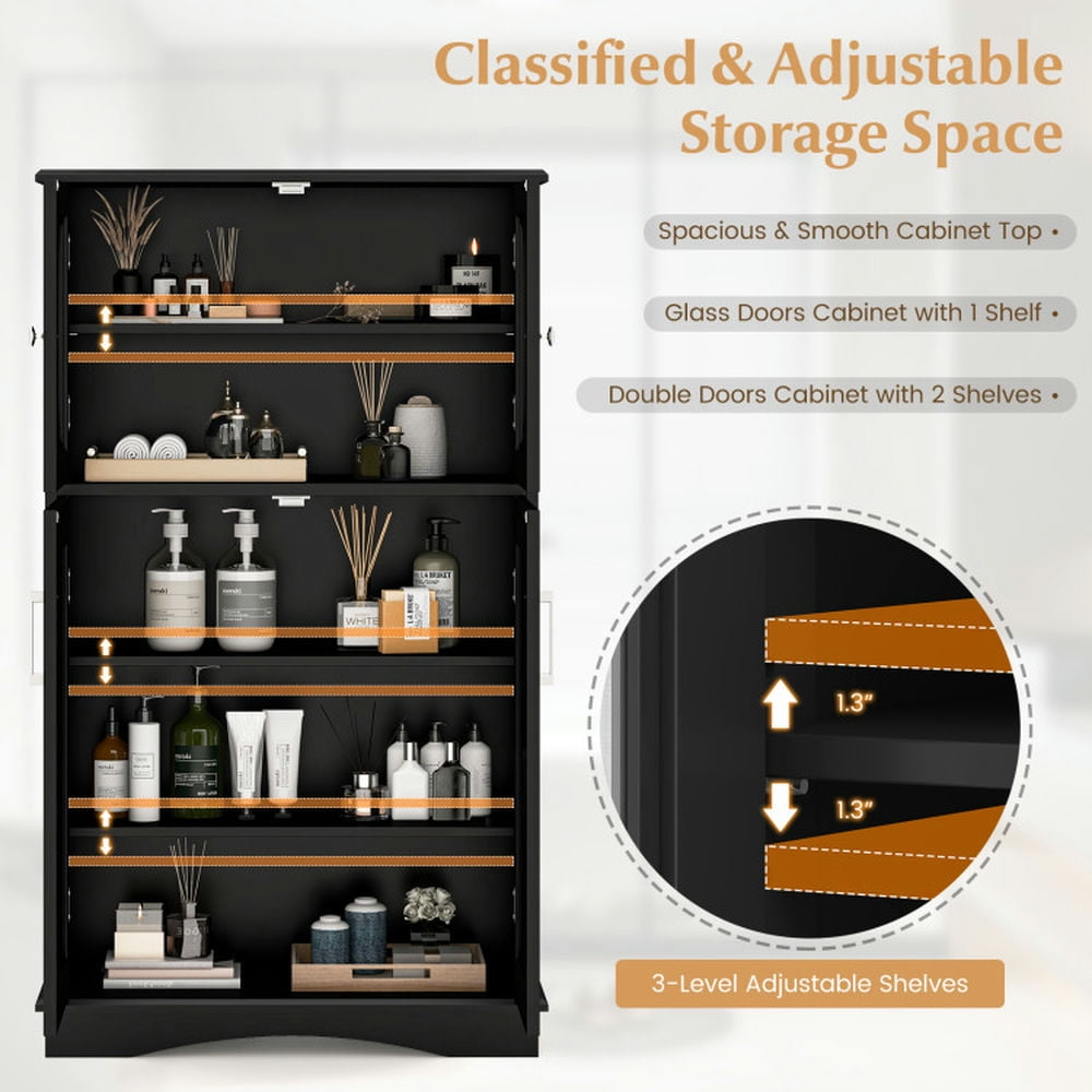 Finihen Bathroom Storage Cabinet, Bathroom Floor Cabinet, 4 Doors Freestanding Bathroom Floor Cabinet with Adjustable Shelves, for Bathroom, Living Room, Bedroom, Kitchen, Black Finihen Bathroom Storage Cabinet, Bathroom Floor Cabinet, 4 Doors Freestanding Bathroom Floor Cabinet with Adjustable Shelves, for Bathroom, Living Room, Bedroom, Kitchen, Black