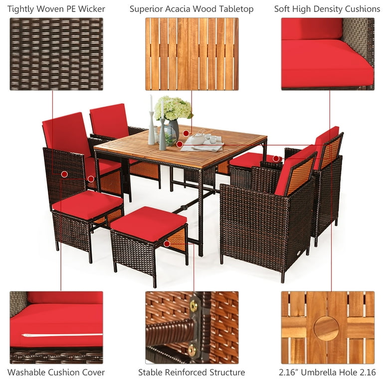 Costway 9PCS Patio Rattan Dining Set Cushioned Chairs Ottoman Wood Table Top Outdoor