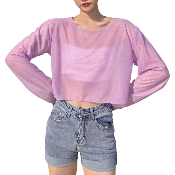 SELONE Cover ups for Swimwear Women Tops Long Sleeve Cutout Bathing Suit Crew Neck Cropped Outerwear Purple M