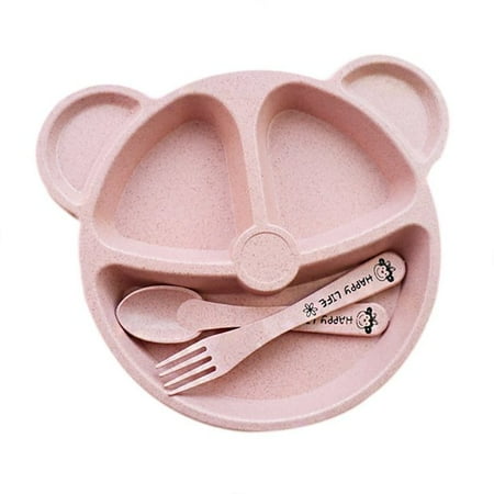 

PIXCAST Baby Cartoon Plate Set Toddler Divided Plate and Spoon Set Toddle Wheat Straw Tableware