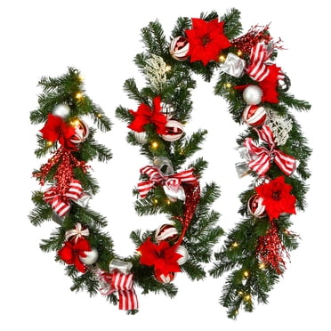 9ft Pre-Lit Christmas Garland With Lights - Battery Operated Pine Garland With Ornaments