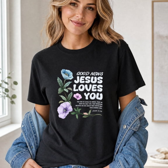 Jollimate Good News Jesus Loves You Shirt, Christian Floral Graphic Tee, John 3:16 Bible Verse Gift for Women