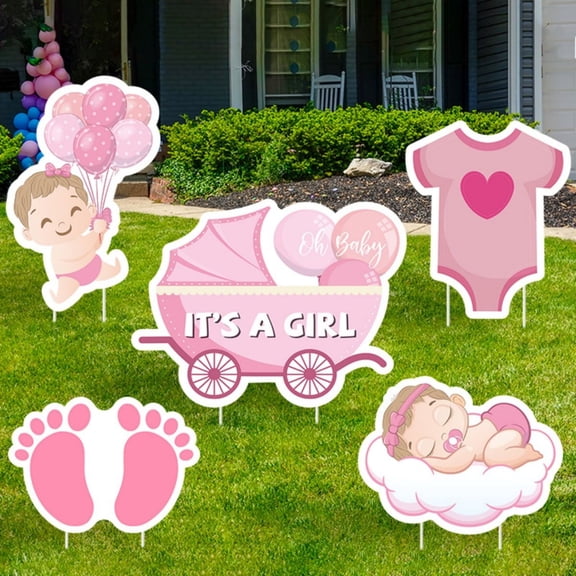 Haooryx 5 Pack It's a Girl Gender Reveal Yard Signs for Garden Party Decoration Pink Princess Theme Garden Sign with Stakes for Outdoor Baby Shower