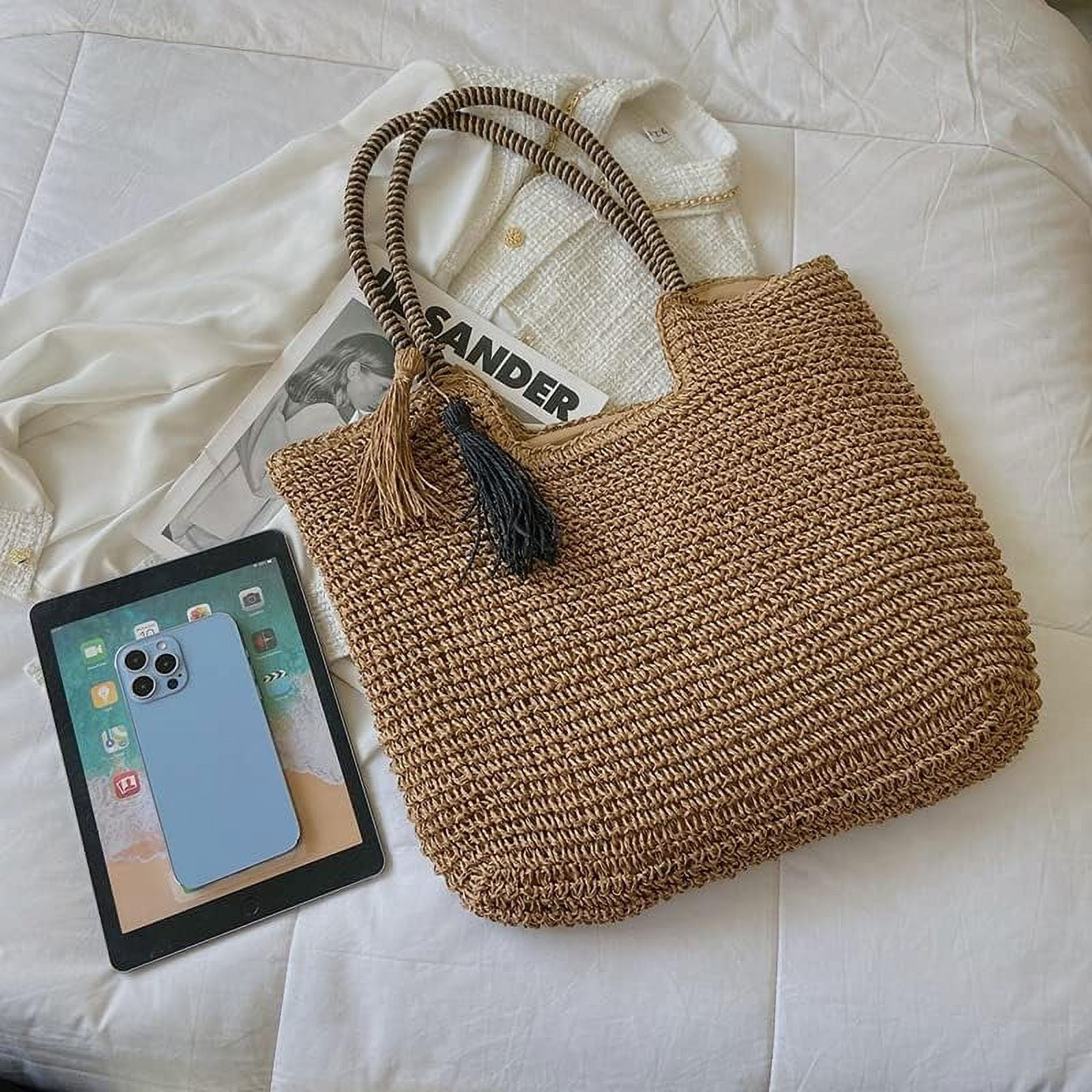 Kukuzhu Straw Beach Bag, Summer Woven Tote Bag with Tassels Large Shoulder Handbag Straw Purses and Handbags for Women