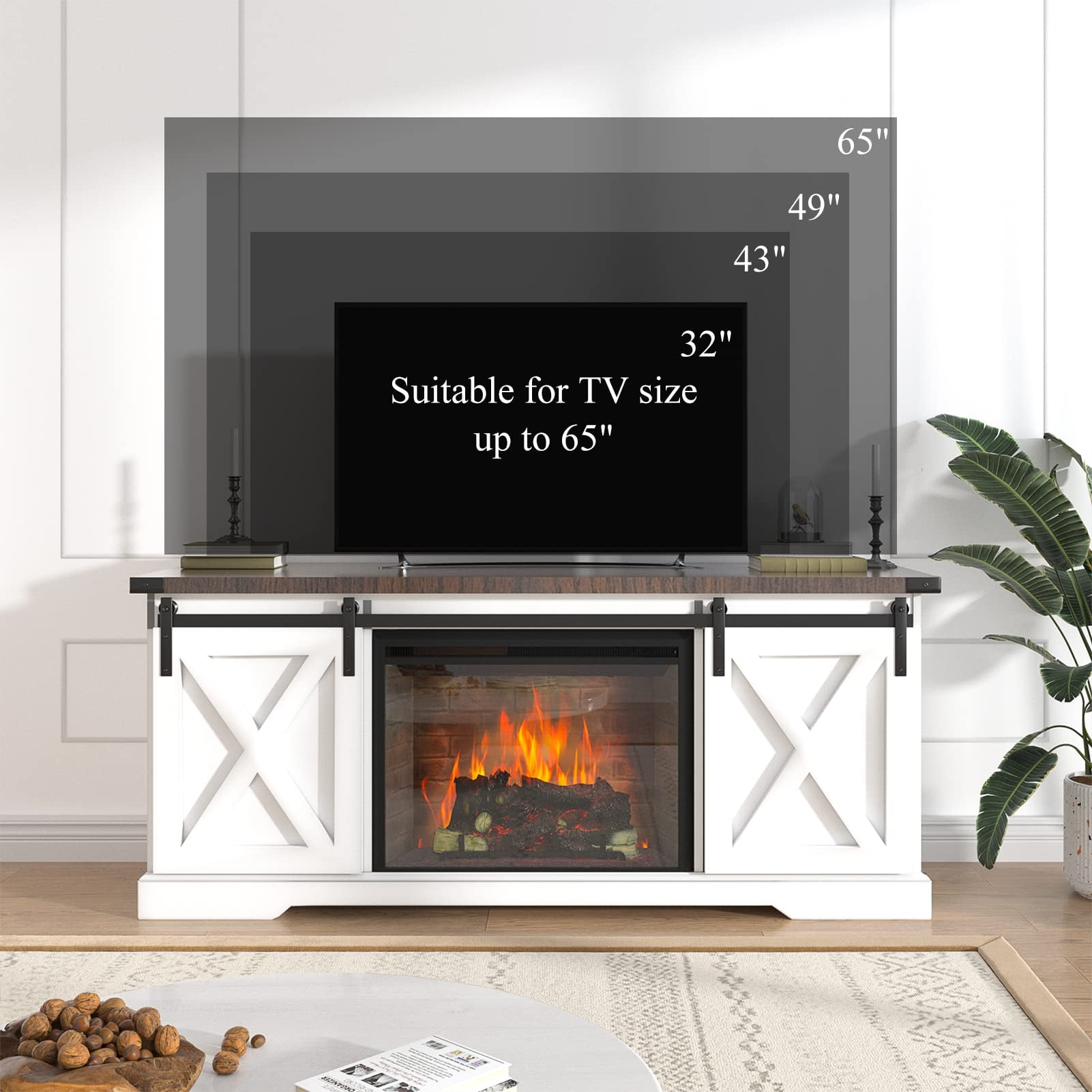 Chvans Farmhouse Barn Door TV Stand for up to 65" TVs /23" Electric Fireplace, Entertainment Center Console Table with Adjustable Shevles(58")