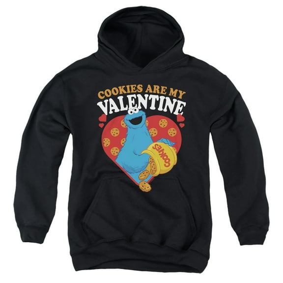 Sesame Street Cookies are my Valentine Youth Kids Boy/Girls Pull-Over Hoodie, Black, Large