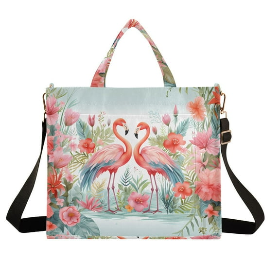 Flamingoes Flowers Floral Leaves Light Corduroy Tote Bag Handbag Large Messenger Bag Shoulder Crossbody Zipper Bag Purse