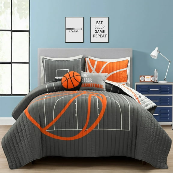 Lush D?cor Basketball Game Reversible Oversized Quilt Charcoal 5Pc Set Full/Queen