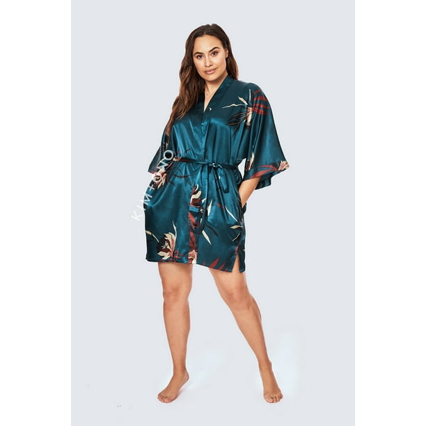 KIM+ONO Plus Size Short Kimonos Satin Robe for Women, Silk Robe, Plus Size Kimono Robes - Floral - Hana - - Walmart.com