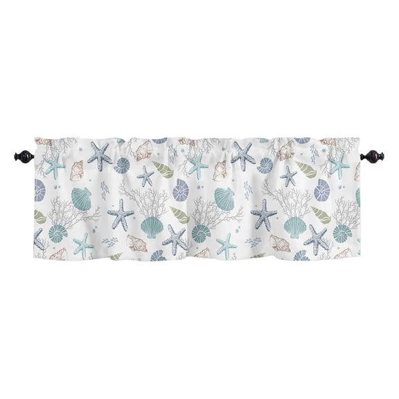 Coastal Kitchen Curtains and Valances Set, Rod Pocket Ocean Theme Tier Curtains, 3 Piece Nautical Starfish Seashells Short Cafe Drapes Sea Coral Beach Conch Window Treatments Set, A