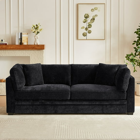 Christopher Knight Home 83.5" Modern 3-Seater Sofa with Flared Arms and Pillows, Chenille Upholstery, Black