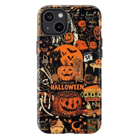 Vintage Halloween Collage Phone Case, Spooky Pumpkin & Bat iPhone Cover for iPhone 16 15 14 13 12 11 Pro Max Mini