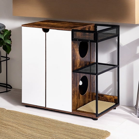 Pefilos 34" Cat Litter Box Enclosure, Hidden Litter Box Furniture, Wooden Cat House Washroom, Storage Cabinet for Living Room, Bedroom, Brown