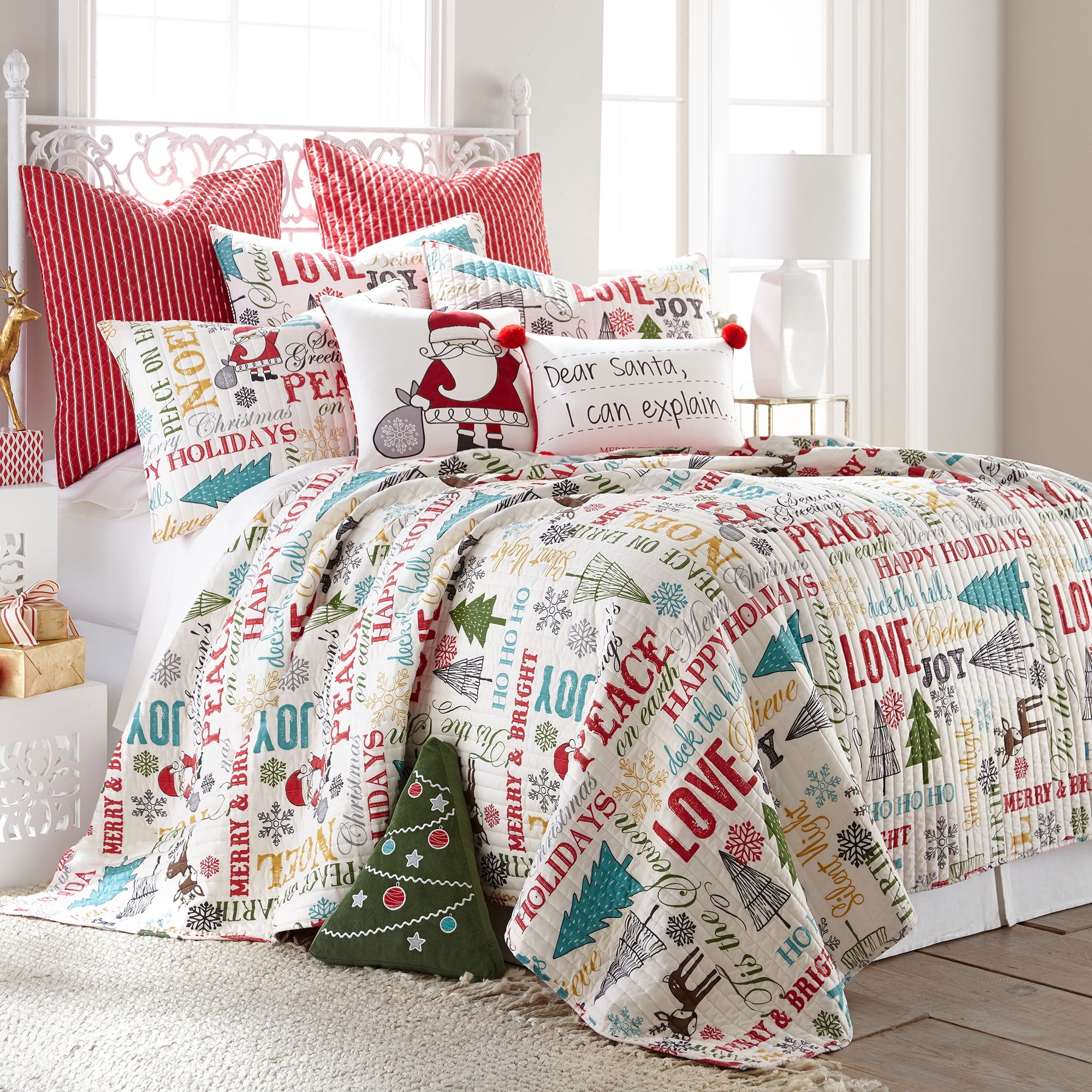 and Pillow Sham Size Levtex Home Full/Queen Quilt Quilt Size Holly Quilt Set Christmas Trees Cotton - Reversible Teal Red Green White Two Standard Pillow Shams 26x20in. 88x92in. 