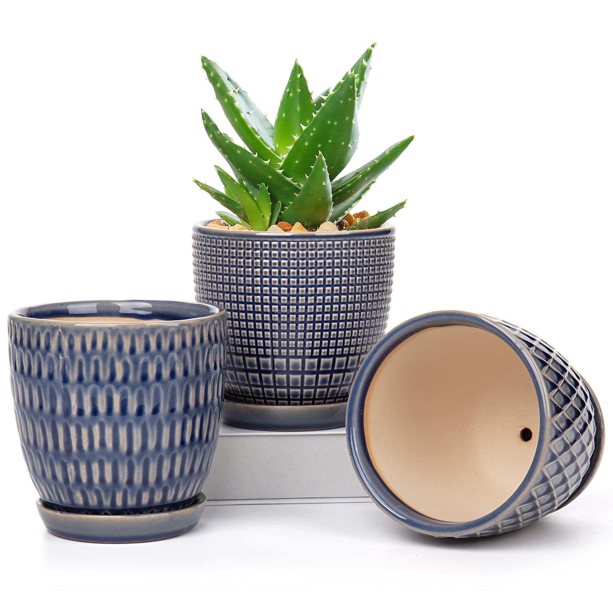 3 Pcs Ceramic Flower Planter Pots 4 Inch with Drainage Hole and Ceramic Tray for Succulents Cactus Indoor Outdoor Garden Home Windowsill Blue