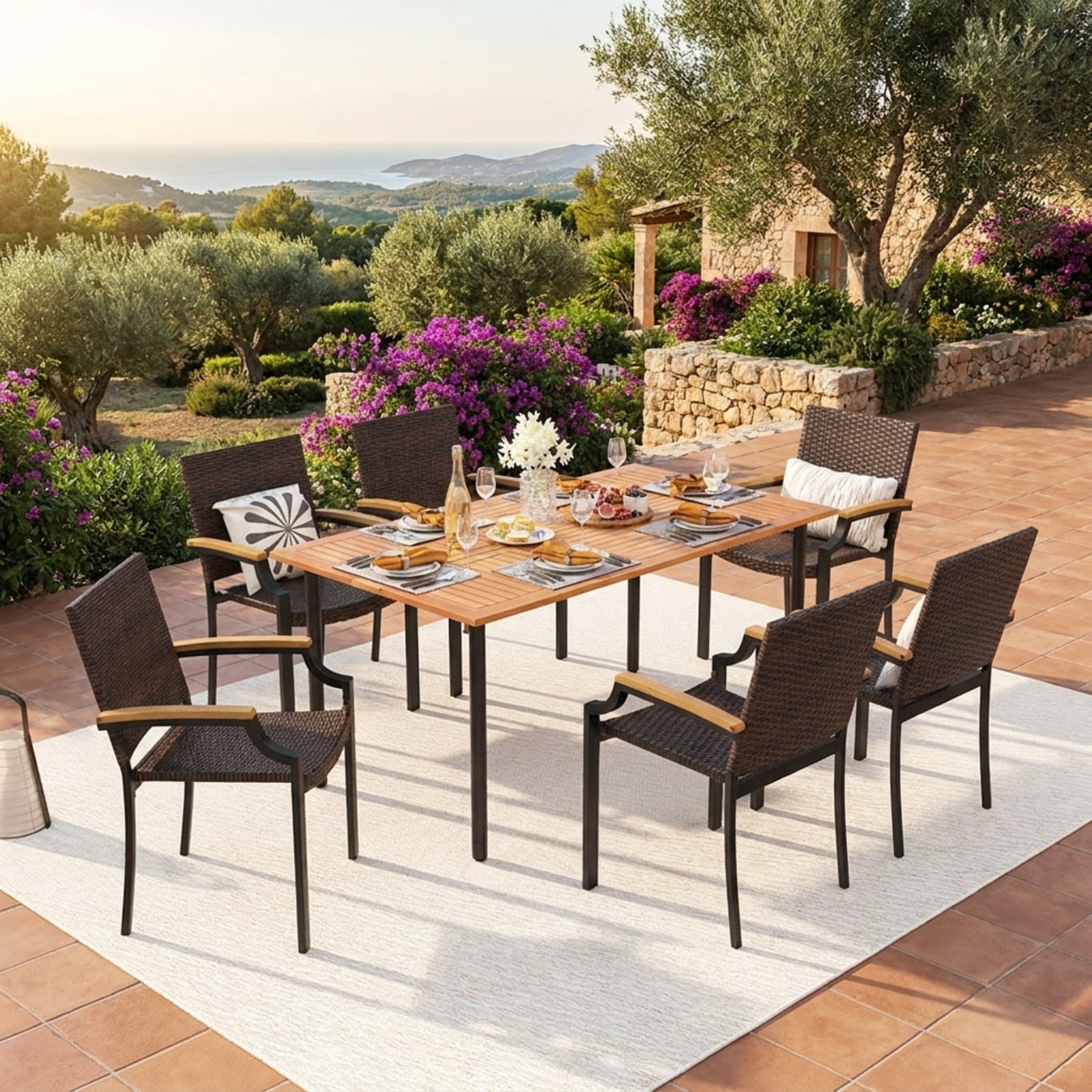 Biotree Outdoor Dining Chairs Set of 2 Stacking PE Wicker Patio Rattan Dining Chairs with Acacia Wood Armrests for Garden Backyard, Mix Brown