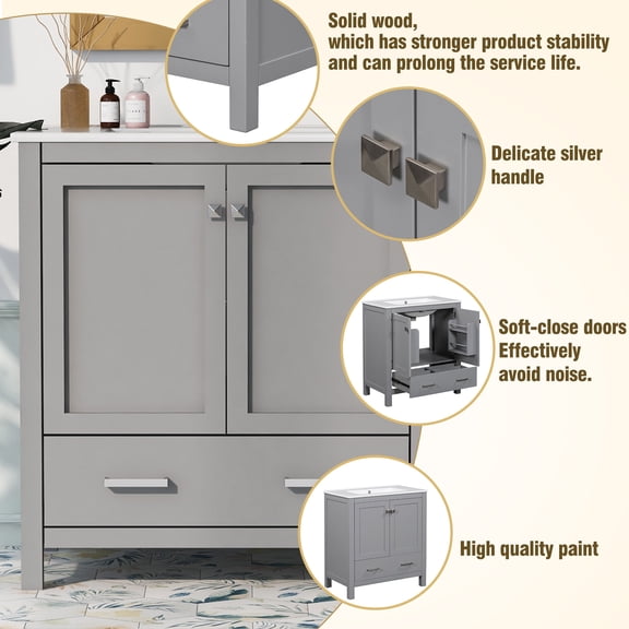 Bathroom Vanity 30" Gray Bathroom Vanity with Single Sink, Combo Cabinet Undermount Sink, Bathroom Storage Cabinet with 2 Doors and a Drawer, Soft Closing, Multifunctional Storage, Solid Wood Frame,B
