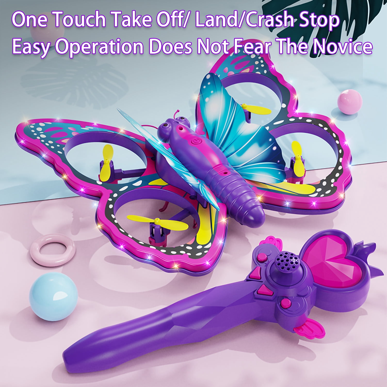 Gmdisc Remote Control Butterfly Drone for Kids with Colorful Lights, 2.4GHz RC Flying Toy with 3D Flip, Gravity Sensing, Altitude Hold, Pink Mini Quadcopter Gift for Girls