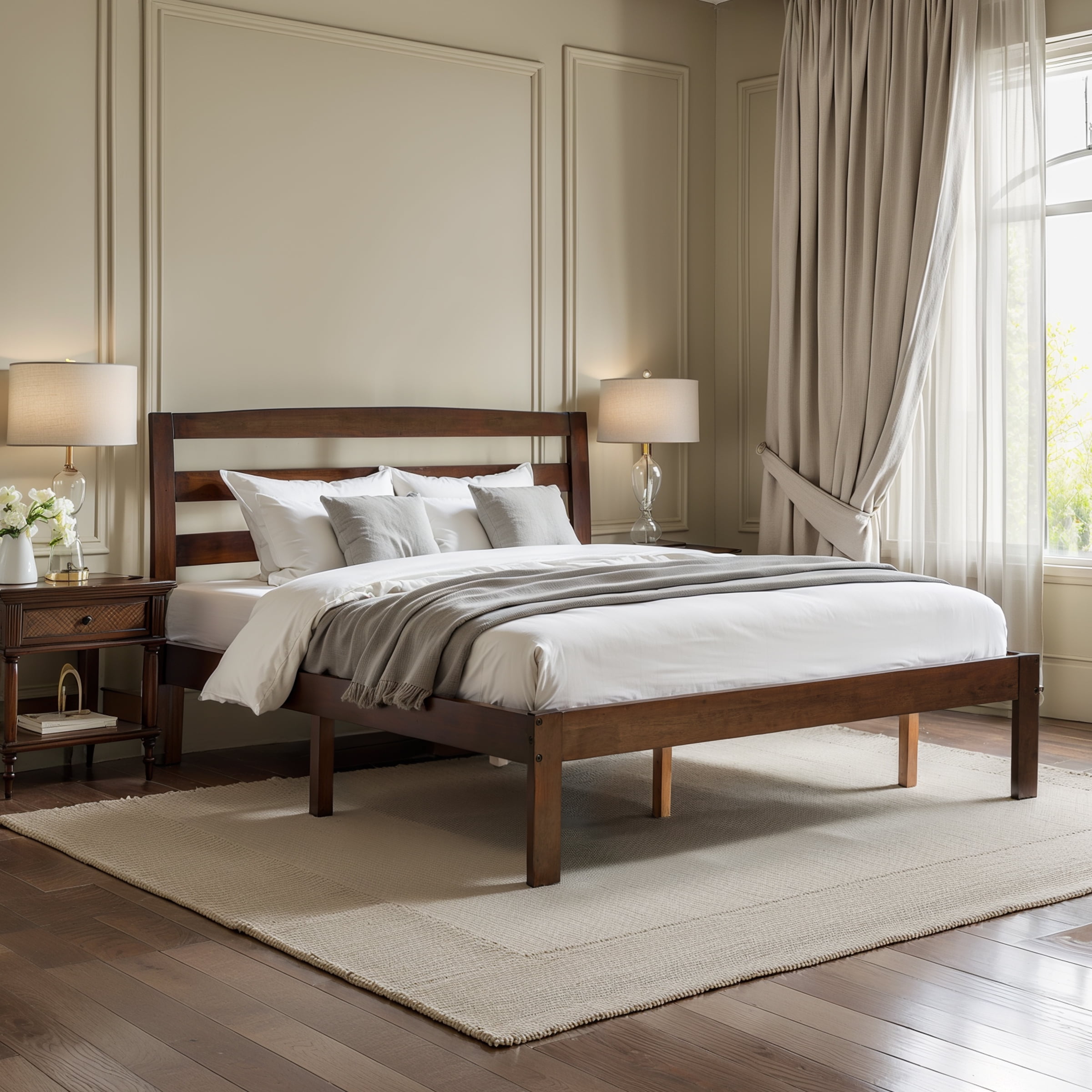 King Bed Frame, Wood Bed Platform with Headboard, No Box Spring, Dark Walnut