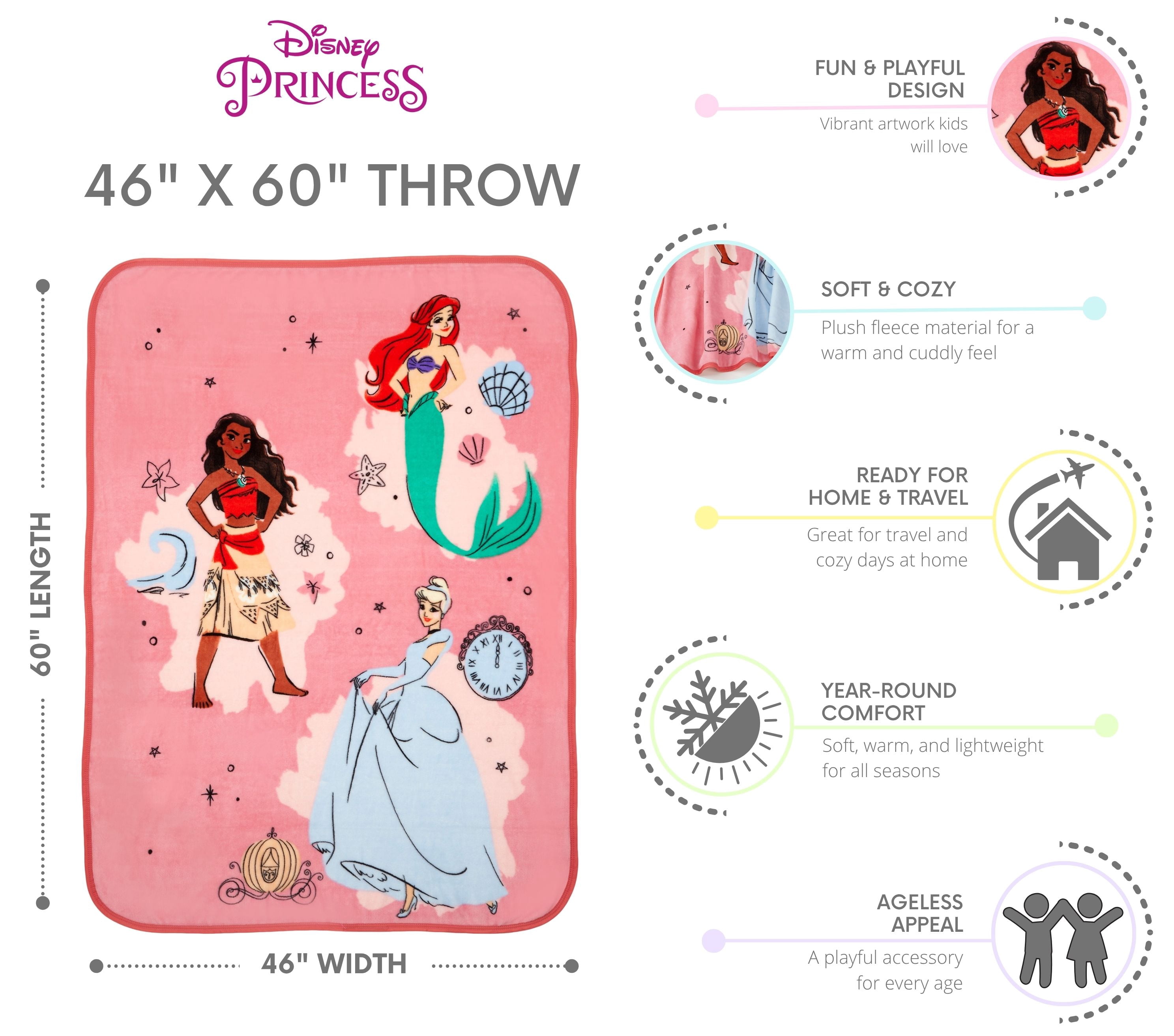 Disney Princess Kids Pink Print Fleece Throw Blanket, 46 x 60