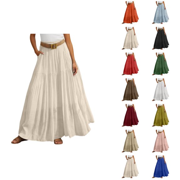 Maxi Linen Skirts for Women Summer Elastic High Waisted A Line Ruffle Boho Flowy Belted Long Skirt Beach Vacation Clothes