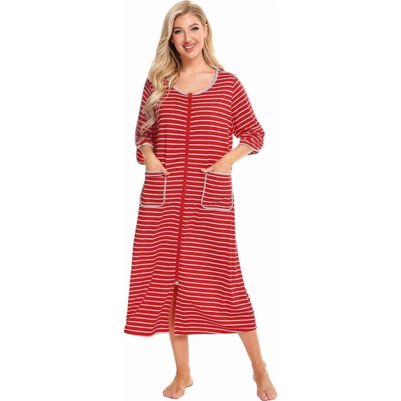 Women's Soft Striped Robe 3/4 Sleeve Spring & Fall Nightgown with Front Zipper, Pockets for Outdoor and Home