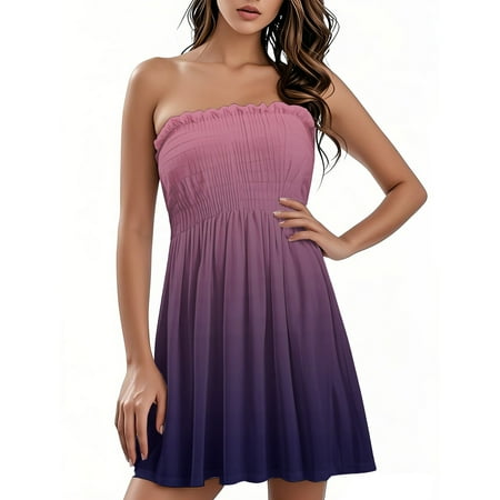 OAMDNDEA Vacation Dresses for Women 2025 Strapless Gradient Sun Dresses Summer Sleeveless Dresses Sexy Plus Size Off the Shoulder Boho Dress Beach Vacation Clothes Purple Pink L