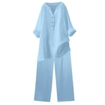 SHTXOZHI 2 Piece Cotton Linen Sets for Women Long Sleeve Button Down Shirts Wide Leg Pants Vacation Outfits