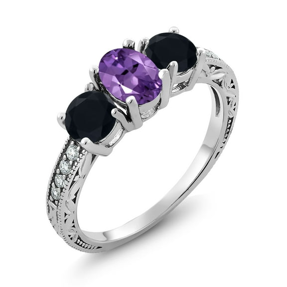 Gem Stone King 1.82 Ct Oval Purple Amethyst Black Onyx 925 Sterling Silver Moissanite Ring (Size 9)