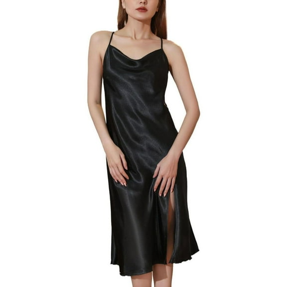 Defitshape Women's Sexy Chemise Backless Slip Nightgown Satin Silky Summer Soft Cami Strappy Sleeveless Spring Sleep Dress Loose Sleepwear Black Small