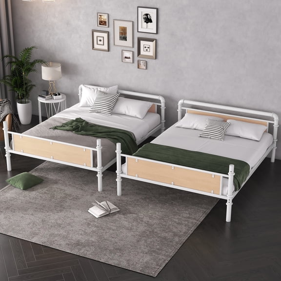 XL Bunk Bed, Twin XL Over Twin XL Metal Bunk Bed - Industrial Detachable Design with Safety Guard Rails and Wood Accent, Converts to Two Separate Beds, Under Bed Storage, Easy Assembly, White