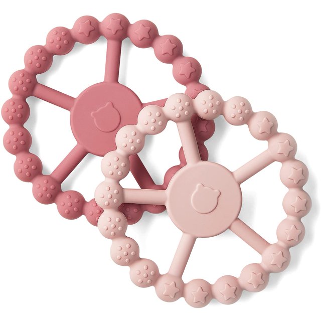 Mordedores de silicona para bebés de 0 a 6, 6 a 12 meses, anillos de dentición para bebés, juguetes para masticar para niños y niñas, paquete de 2Rose