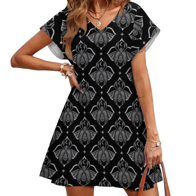 Robe Ample à Poches Imprimée Manches Courtes Col en V 5TG Motif Sombre Occulte Y2K pour Femmes Fête