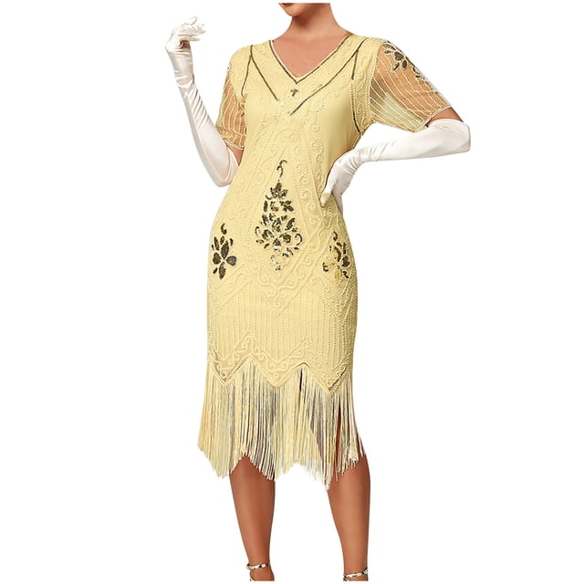 Vestido de Manga Corta para las Mujeres Sexy Cuello en V Lentejuelas Y Detalle Bornilla Color Sólido, Poliéster Elegante para Fiesta Y Vestir de Noche