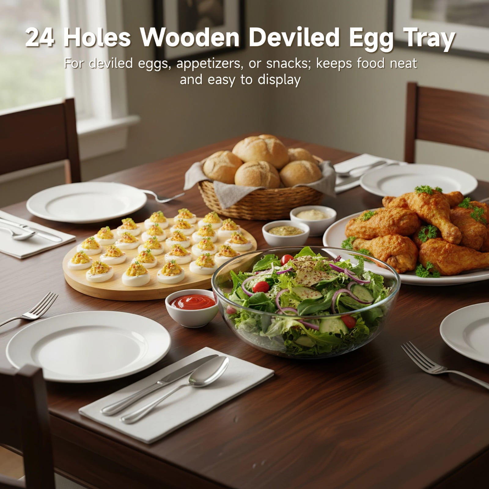 Wooden Reversible Deviled Egg Tray with 24 Holes for Home Party