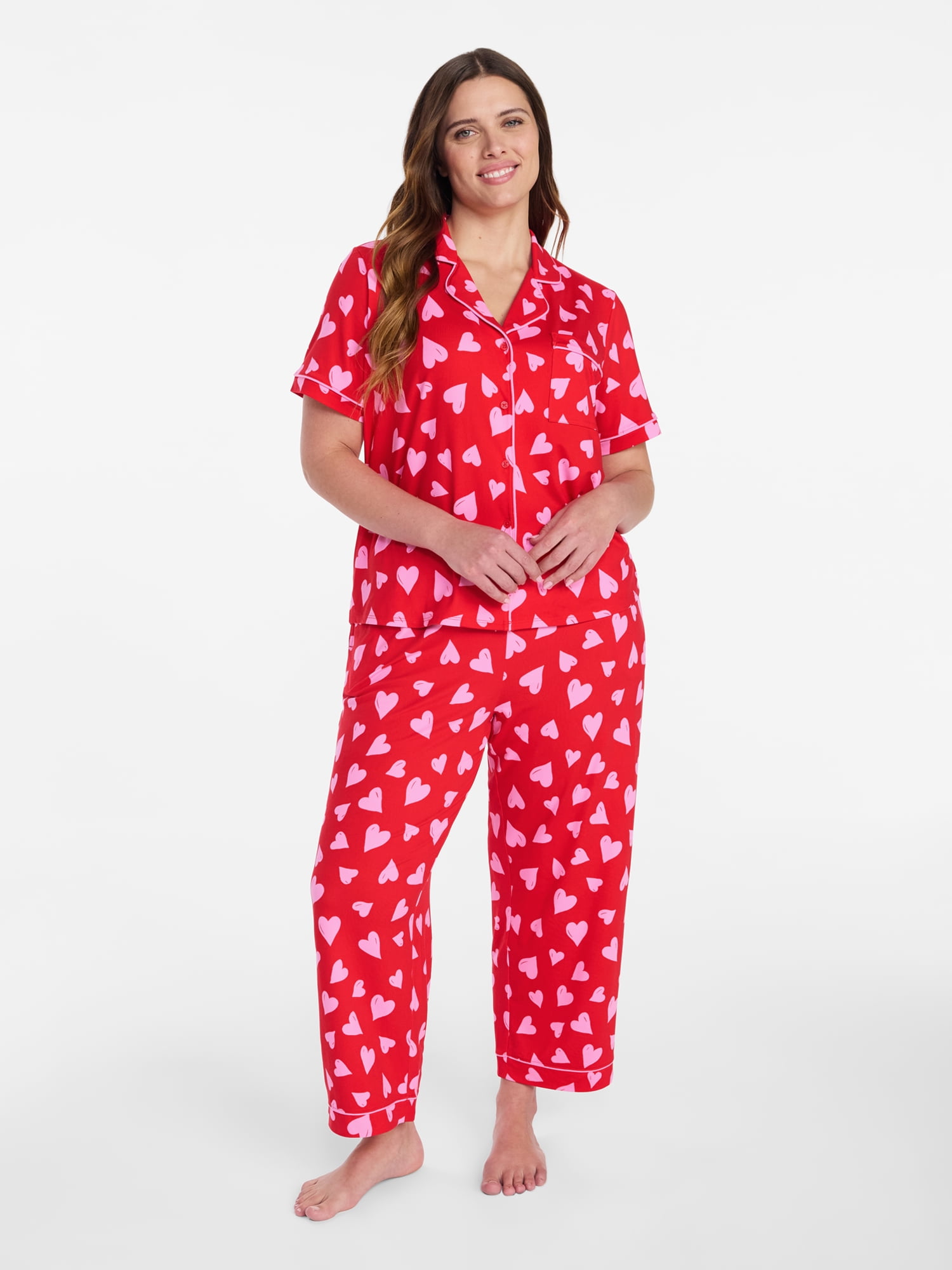 Joyspun Women's Dreamy Soft Collection Notch Collar Top and Capri Pants Valentine's Day Pajama Set, 2-Piece, Sizes XS-3X