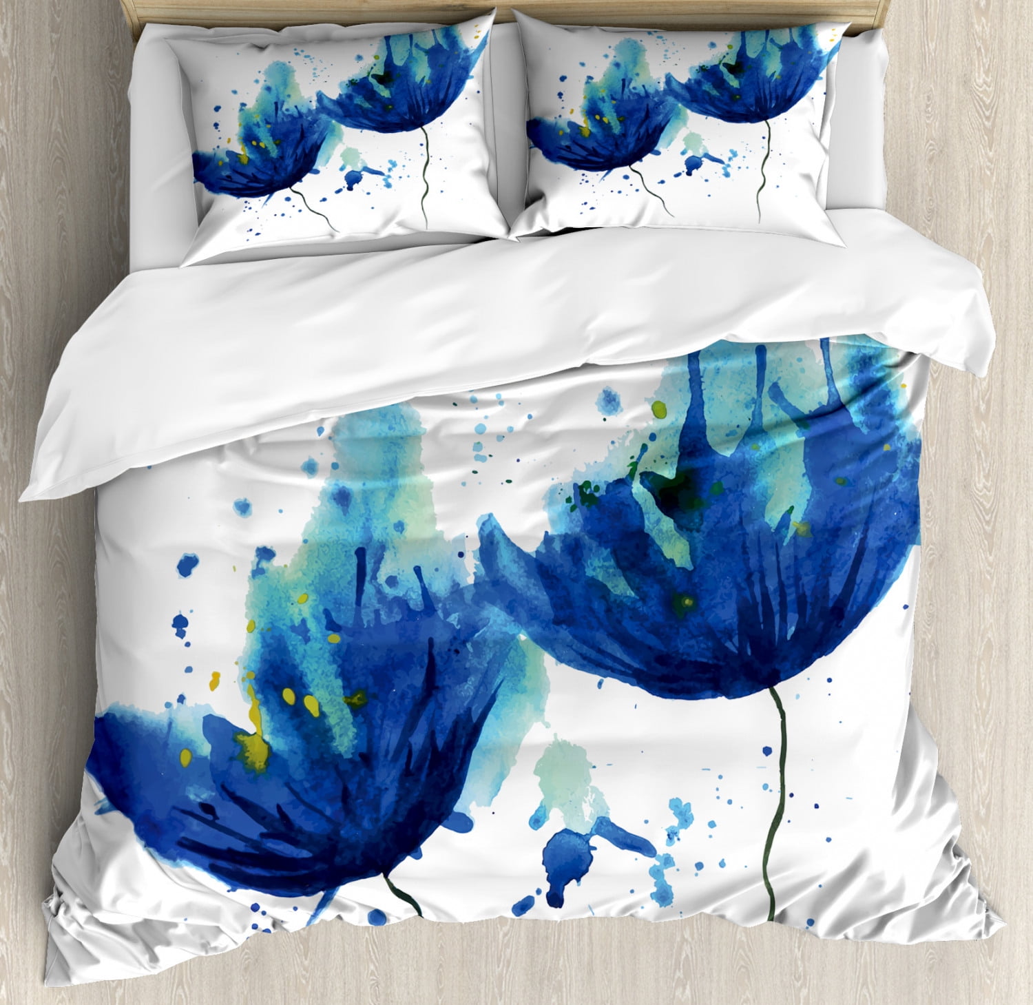 Blue Duvet Cover Set Watercolor Style Effect Floral Design