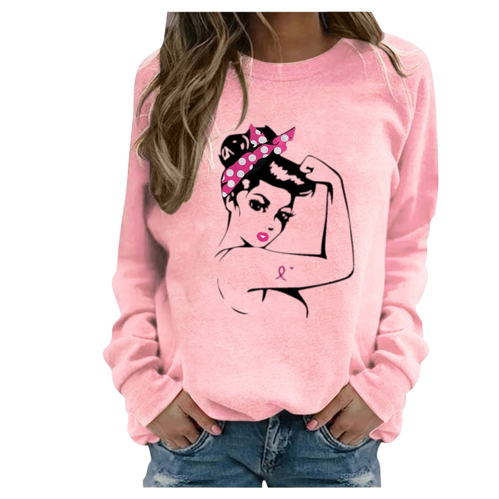 Breast Cancer Awareness Shirts Fashion Women Long Sleeve Crewneck Printed Ladies Sweatshirts Tops 