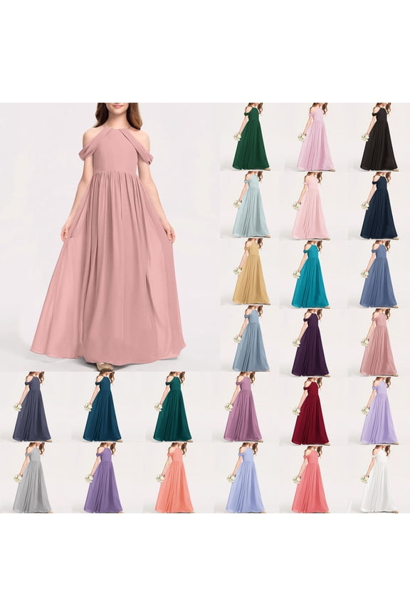 Cold Shoulder Junior Bridesmaid Dress for Wedding Chiffon Flower Girl Piano Performance Flowy Elegant Halter Maxi Dress for 3-12 Years Brown